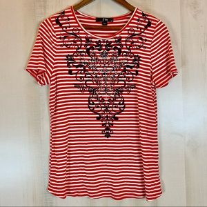J Lee  Red & White Striped Embellished Top XL